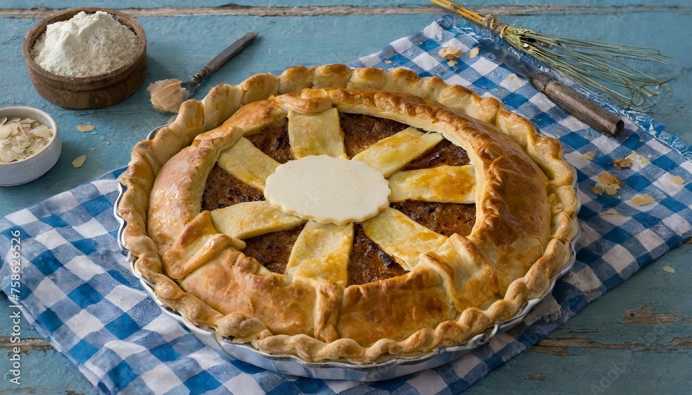 Day Perfection: Artisan Savory Pie with Symbolic π Cutout, Presented on Gingham" - obrazy, fototapety, plakaty 