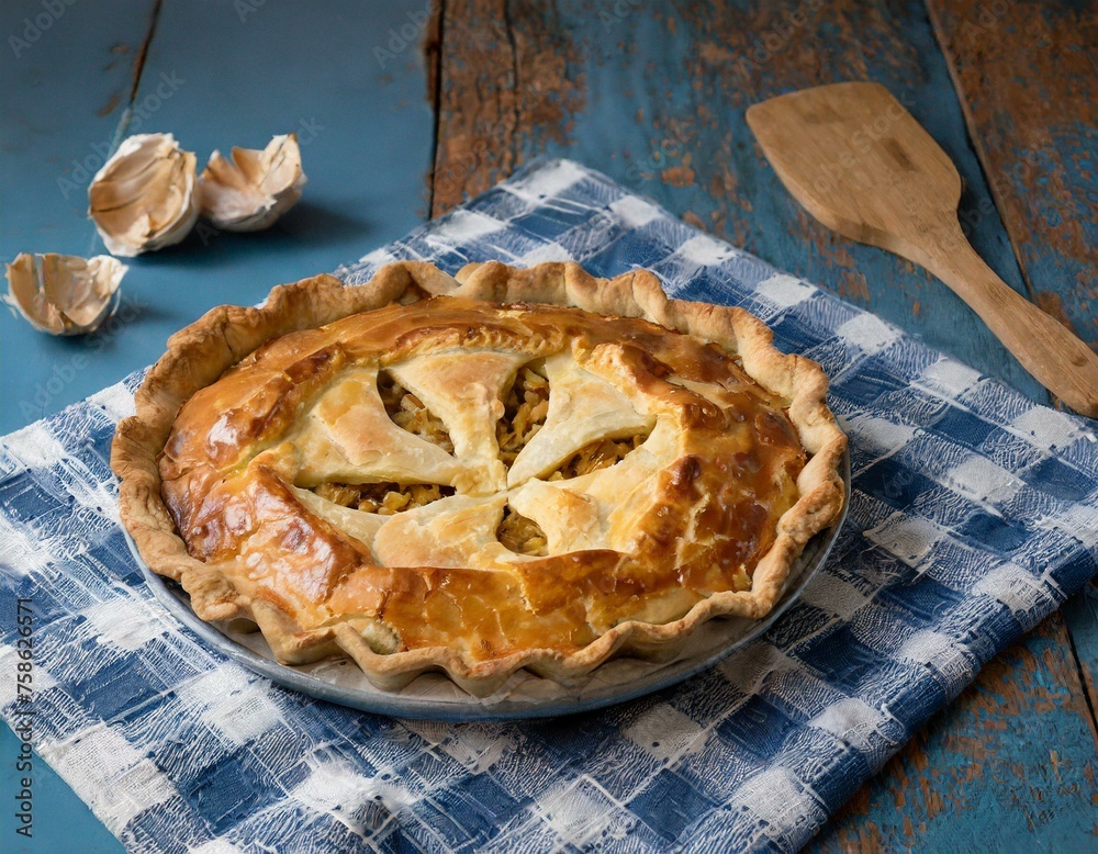 Day Perfection: Artisan Savory Pie with Symbolic π Cutout, Presented on Gingham" - obrazy, fototapety, plakaty 