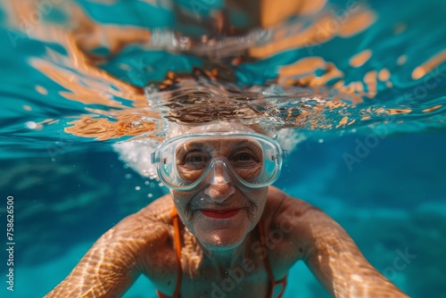 Close-up of a senior woman in swimsuit and snorkeling mask diving underwater in tropical sea with coral reef. Retired lady travels and leads an active lifestyle. photo