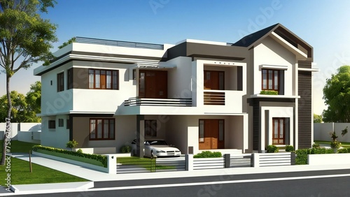 Modern two-story house with balconies and a driveway on a sunny day. © home 3d