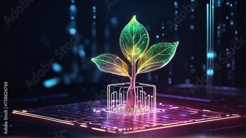 Supper Technology Concept, Glowing plant growing on computer chip representing digital ecology business and blurred background	