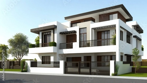 Modern two-story house with balconies and a minimalist design, surrounded by greenery under a clear sky. © home 3d