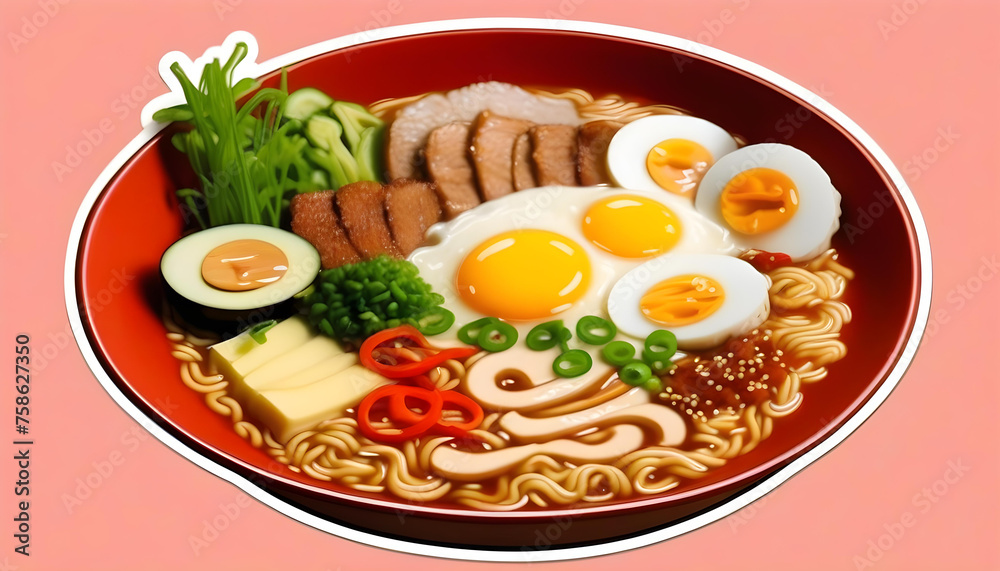 A die cut sticker of a bowl of ramen noodles A die cut sticker of a bowl of ramen noodles