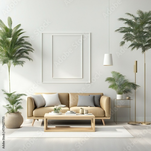 Modern living room interior with sofa, plants, and blank picture frame. Clean design with neutral tones.