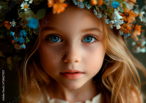 close-up portrait of a cute girl wearing a wreath of wildflowers