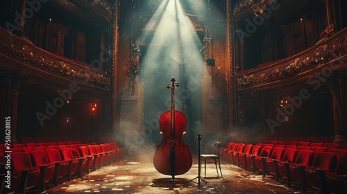 A double bass sits on a stand in a dark theater building
