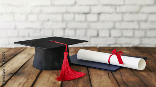 black academic cap with a red tassel and a diploma with a red ribbon, placed on a wooden surface against a blurred brick wall background