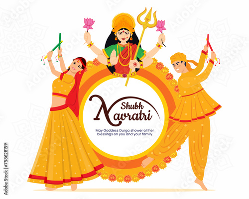 couple playing dandiya in subh navratri celebration night poster or banner background for navratri dussehra festival of India
