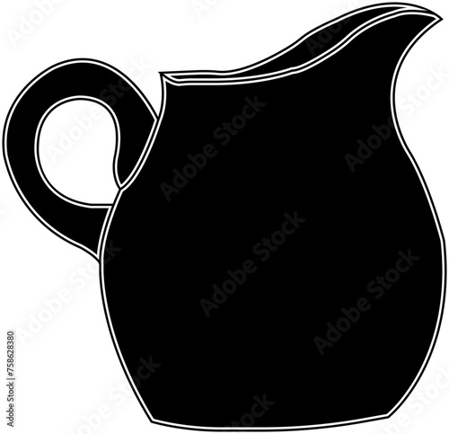 Silhouette of tea couple and milk jug flat. Mug and saucer. Creamer jug for serving with tea, coffee and hot drinks. Tradition of drinking coffee with milk. Sketch, linear drawing in minimalist style