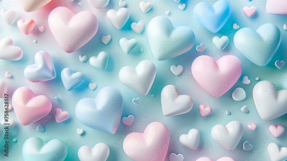 Assorted pastel heart shapes on a blue gradient background. Studio photography with a flat lay composition and place for text. Love and romance concept Valentine's Day celebration