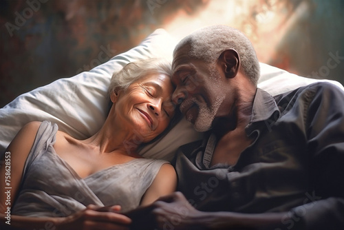 An elderly dark-skinned man and woman expressing love and affection while laying together in bed