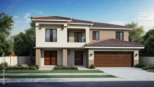 Modern two-story house with a tiled roof, landscaped front yard, and double garage at dusk. © home 3d