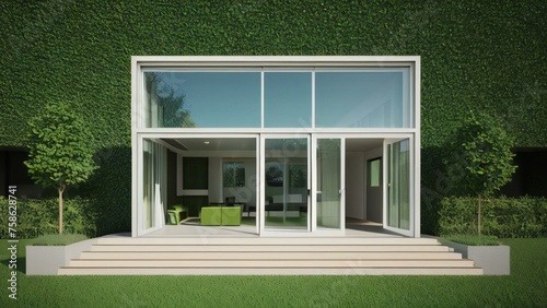 Modern house facade with large windows and green living wall, eco-friendly architecture concept. © home 3d
