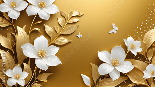 gold background with white flowers. background with flowers and butterflies. festive celebration background. wedding invitation with golden decorative background.