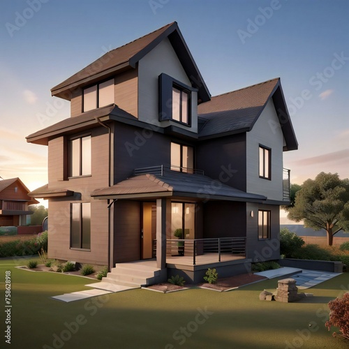 Modern two-story house at dusk with illuminated interior and exterior  landscaped front yard  and clear sky.