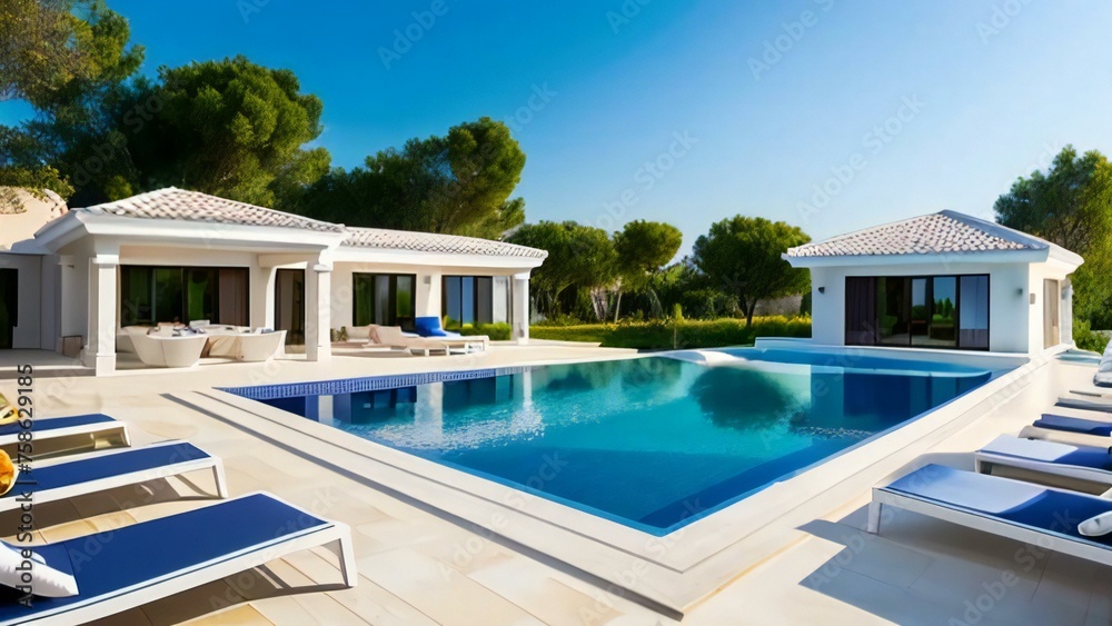 Luxury villa with private swimming pool, sun loungers, and landscaped garden on a sunny day.