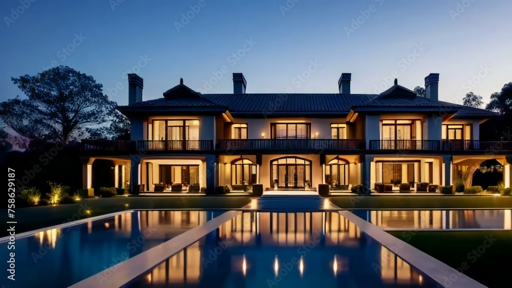 Naklejka premium Luxurious mansion at twilight with illuminated windows and reflection in pool.