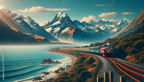 a coastal train route, have a clear blue ocean on one side and a train line running closely parallel to the shore. A vintage red train in motion along the tracks. In the background