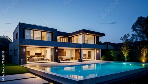 Modern luxury house with pool illuminated at twilight. © home 3d
