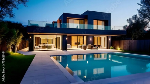 Modern house with illuminated interiors, poolside area, and garden at twilight. © home 3d