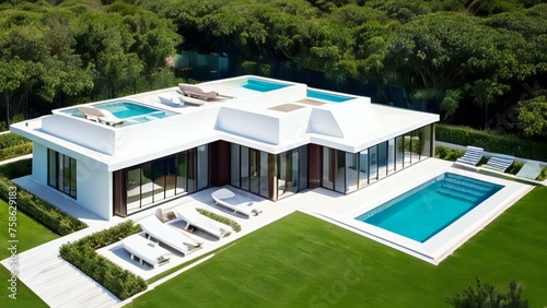 Luxury modern house with swimming pool, lush greenery, and outdoor lounging areas. © home 3d