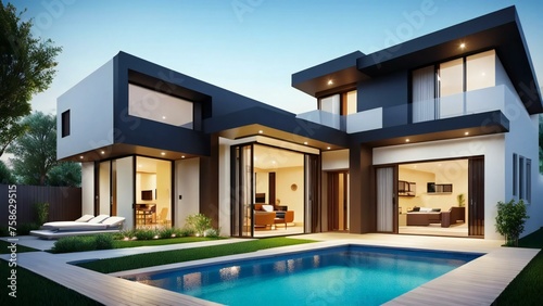 Modern luxury house with pool at dusk, illuminated interiors visible.