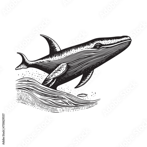 whale flying with wave ocean hand drawn art style vector illustration