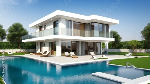 Modern luxury villa with swimming pool, sun loungers, and landscaped garden on a sunny day. © home 3d