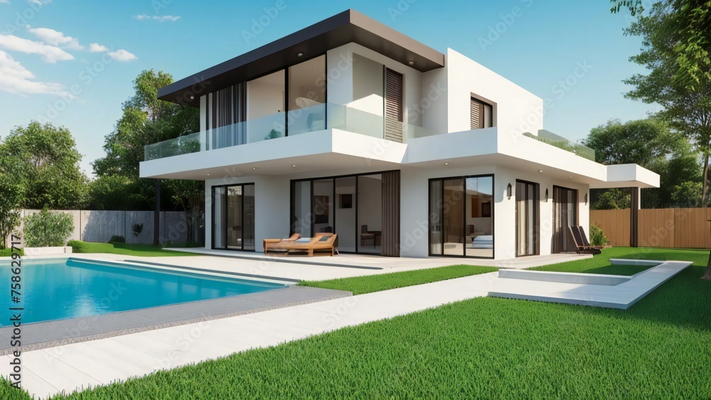 Fototapeta premium Modern two-story house with pool and garden at sunset.