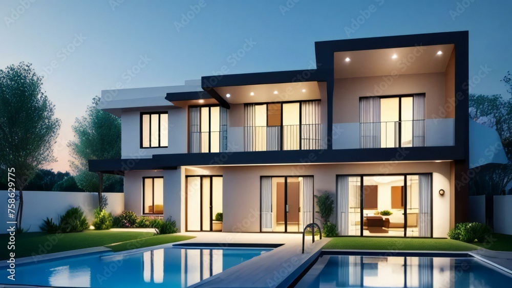 Modern luxury house with pool at twilight, exterior view. Modern luxury house with pool at twilight, exterior view.