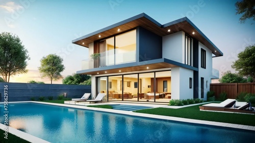 Modern two-story house with pool at twilight, featuring illuminated interiors and landscaped garden. © home 3d