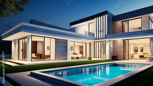 Modern luxury house with illuminated windows at dusk, featuring a swimming pool and stylish outdoor lighting.
