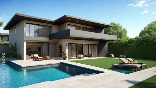 Modern luxury house with pool, outdoor patio, and lush greenery. © home 3d