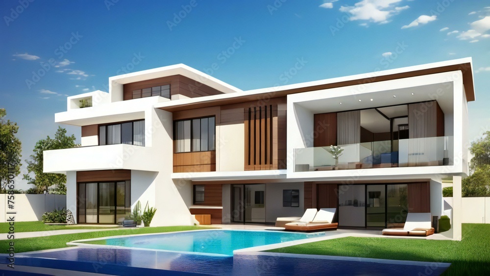 Modern luxury house with pool, large windows, and stylish exterior design, under clear skies.