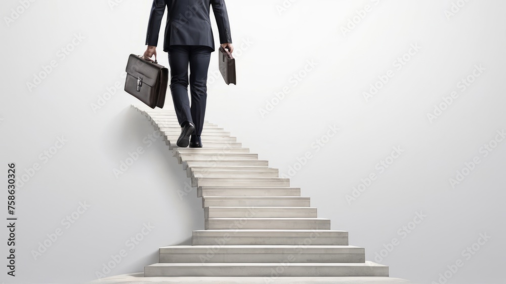 Businessman walking up a stairway to success with blue sky background, Road to success concept