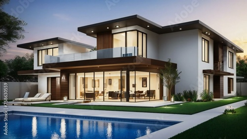 Luxury modern house with pool at dusk, exterior view.
