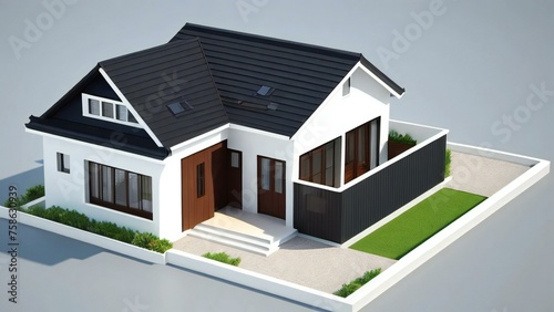 Modern house model with white walls and black roof, featuring a minimalist design and green lawn. © home 3d