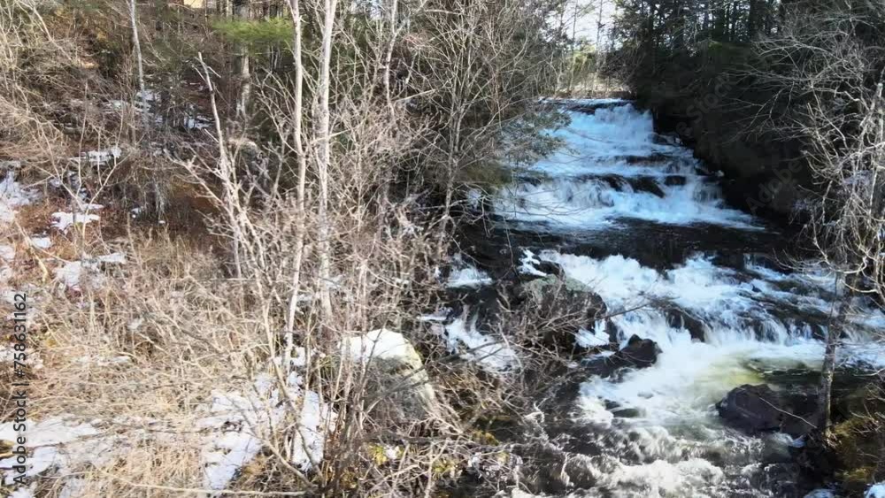 Waterfall flowing aerial view while panning to the right in Paradox NY