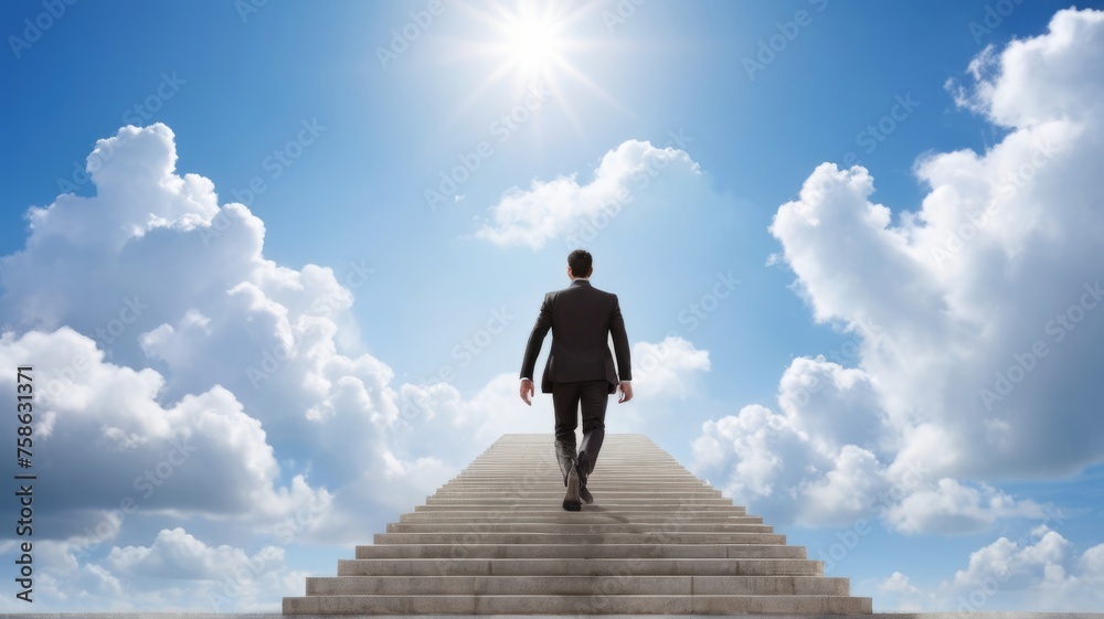 Businessman walking up a stairway to success with blue sky background, Road to success concept Businessman walking up a stairway to success with blue sky background, Road to success concept