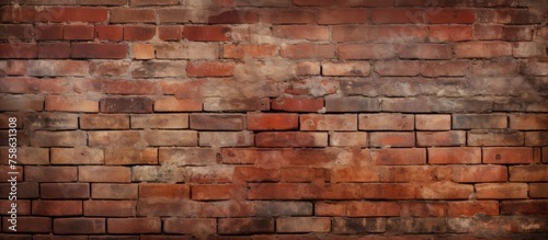An artistic closeup image of a brown brick wall with a variety of rectangular bricks. This building material creates a unique and textured backdrop