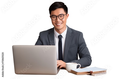 Portrait of a happy asian businesswoman working on laptop computer isolated over white background this png file with an isolated cutout object on a transparent background