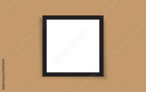 Realistic hanging on a wall blank black picture frame with shadow. Modern poster mockup isolated on white background. Empty photo frame for art gallery or interior. Vector illustration.