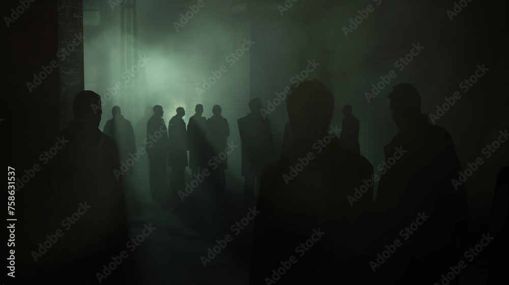 Silhouettes of a mob meeting, figures gathered in secrecy, plotting beneath the cover of darkness.