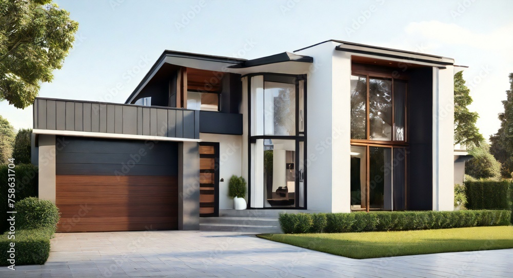 Modern luxury house with large windows, garage, and landscaped garden at dusk.