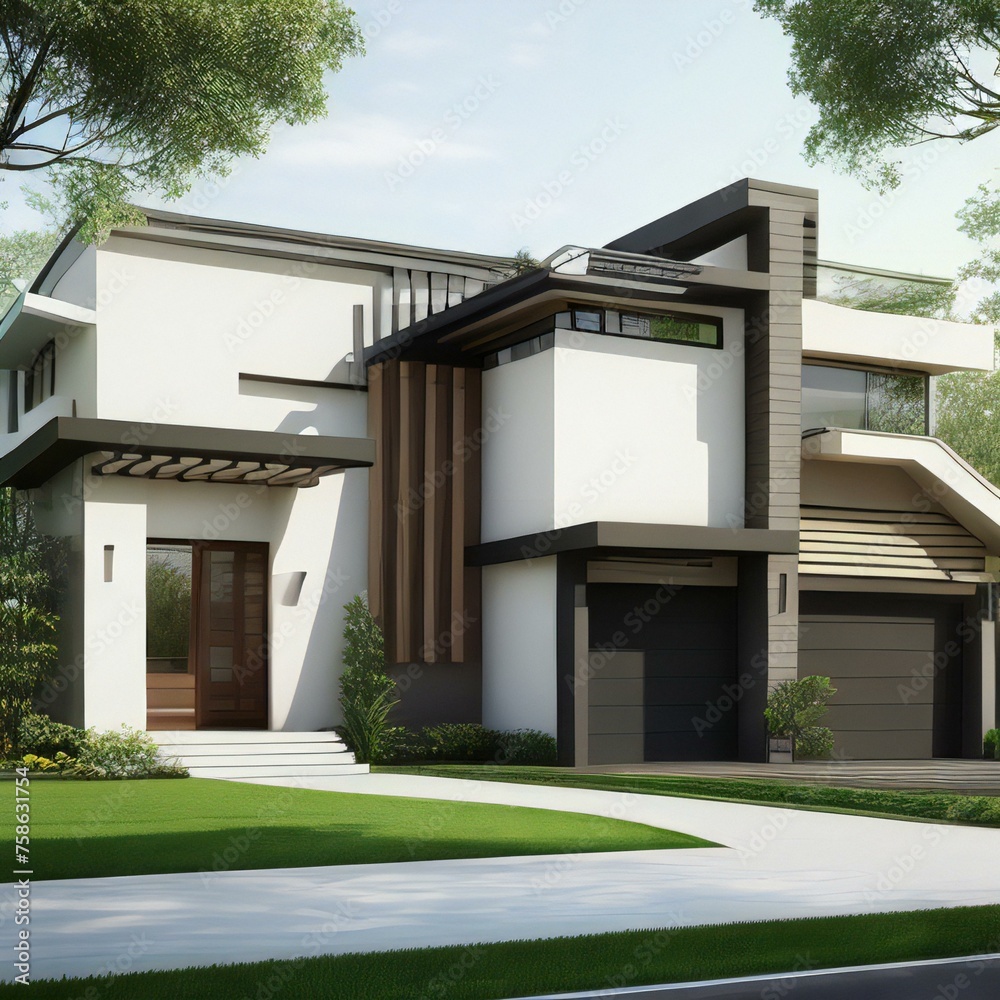 Modern two-story house with a sleek design, featuring a mix of white walls, wooden accents, and large windows, set against green landscaping.