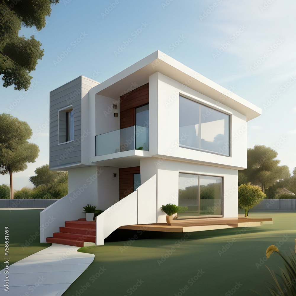 Modern two-story house with large windows and a flat roof, featuring a minimalist design and surrounded by a well-kept lawn.