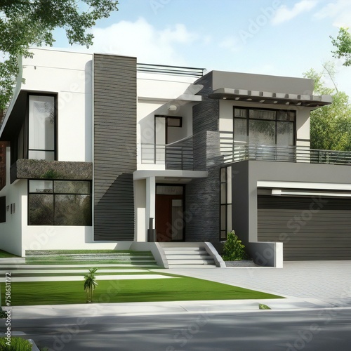 Modern two-story house with a flat roof, large windows, and a garage, set in a suburban area with green landscaping.