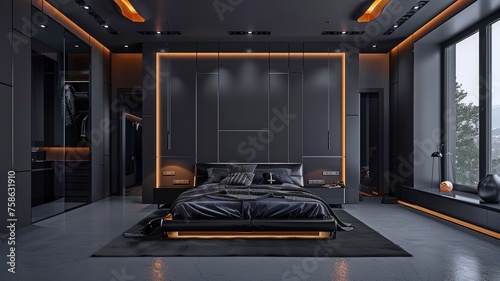 An opulent  spacious bedroom including walls of dark gray color and a bed. Deep  deep shades of white  graphite  and gray. Design room with a blank mockup background. Make room for art.