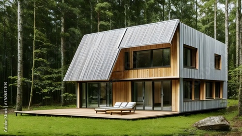 Modern wooden cabin in a forest clearing with large windows and a metal roof. © home 3d