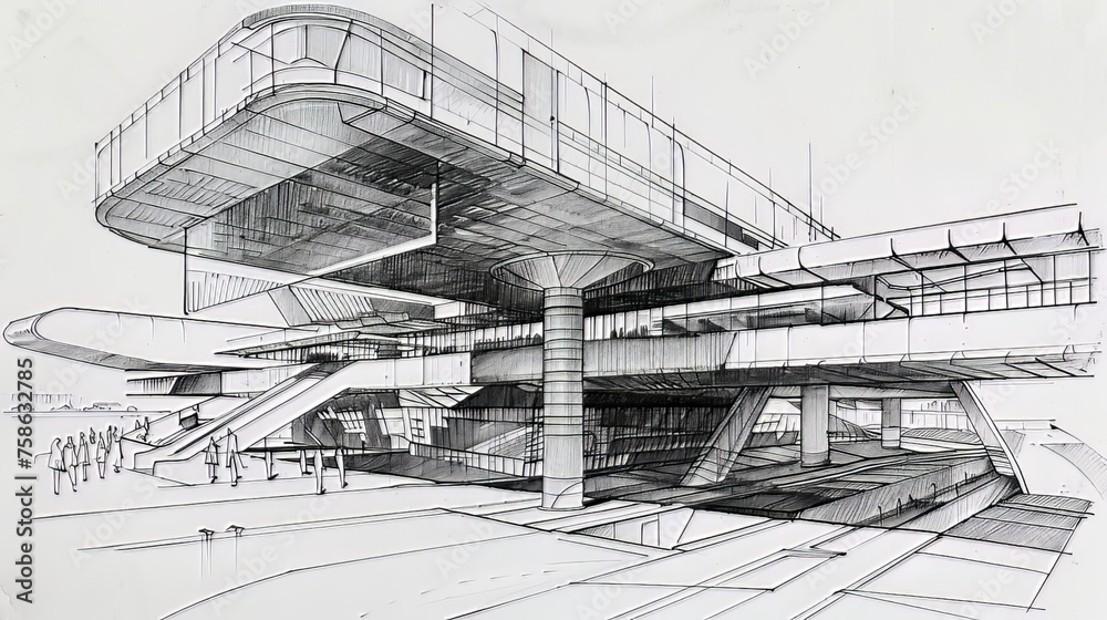 Fototapeta premium Architectural Illustrations: Drawings and illustrations of architectural structures, in both modern and retro styles